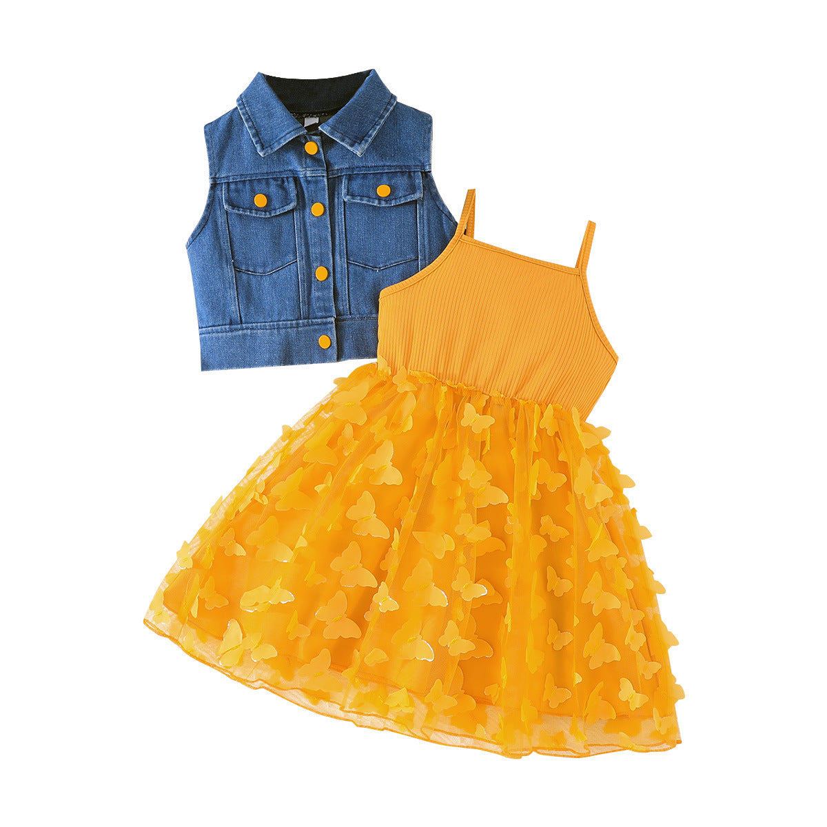 Girls Shoulder Straps Dress With Waistcoat Jacket