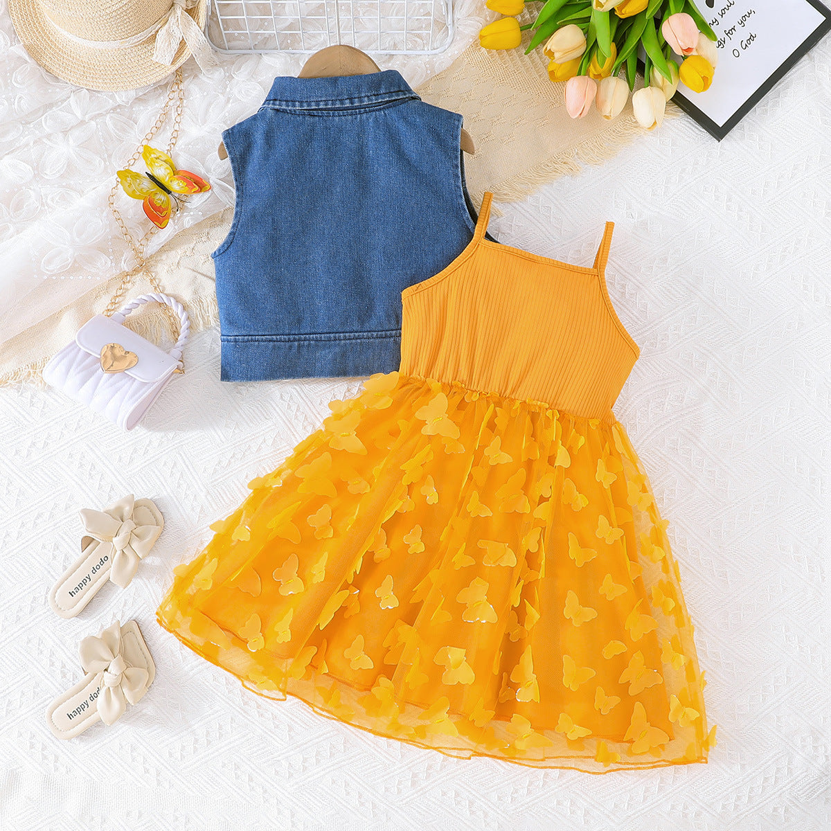 Girls Shoulder Straps Dress With Waistcoat Jacket