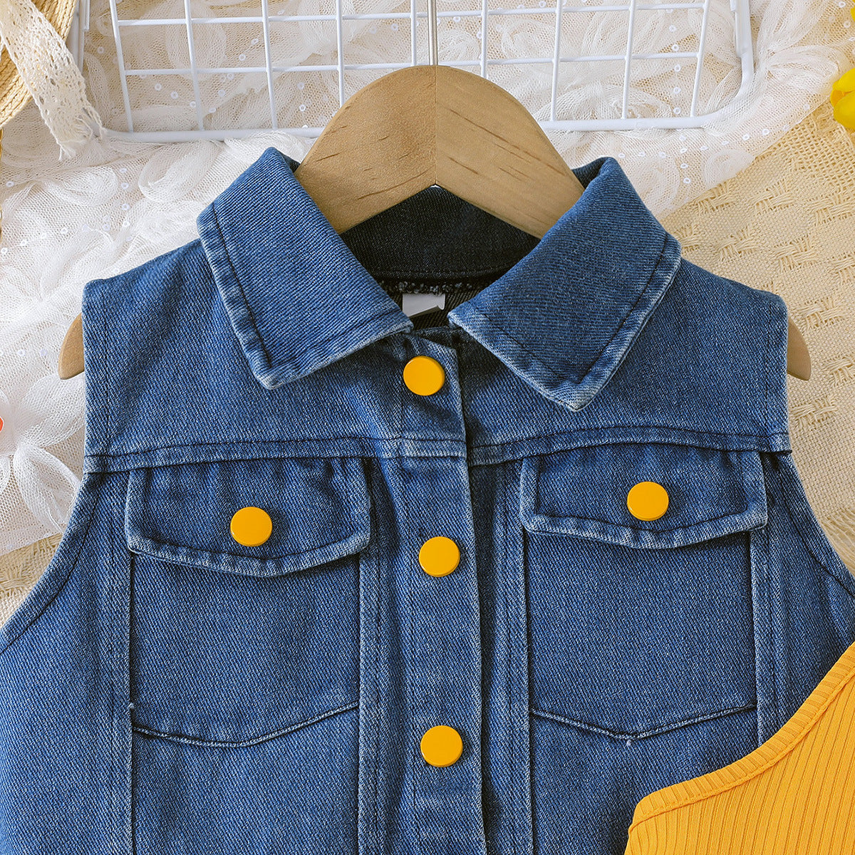 Girls Shoulder Straps Dress With Waistcoat Jacket