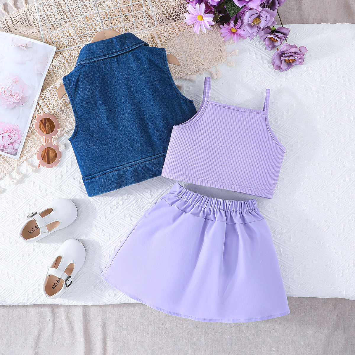 Girls Shoulder Straps Top with Skirt And Waistcoat