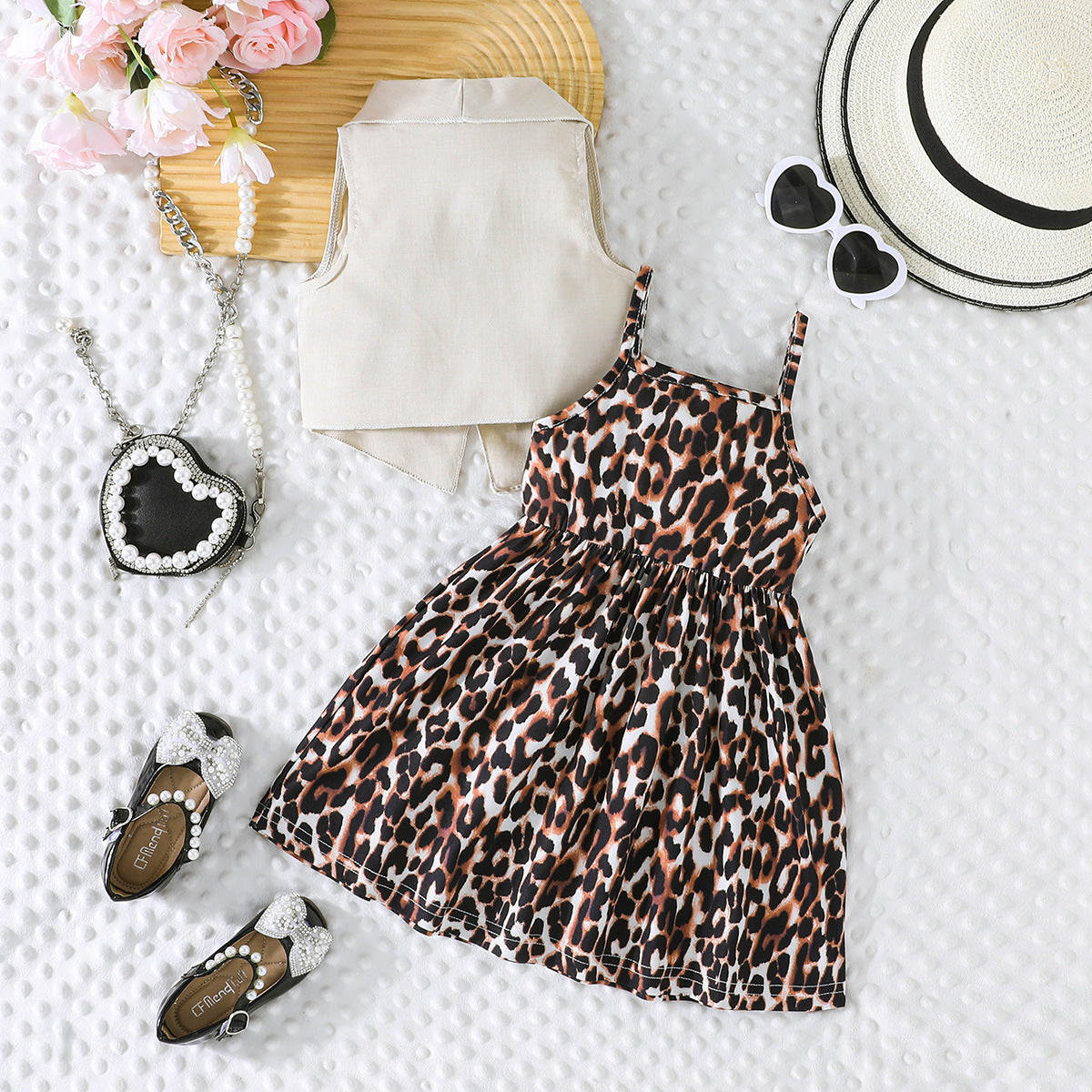 Girls Printed Sleeveless Shoulder Straps Top With Skirt