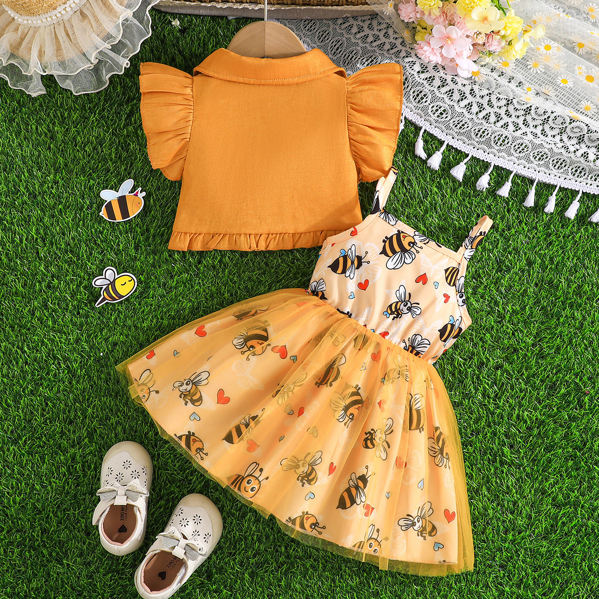 Girls Bee Printed Shoulder Straps Sleeveless Top With Skirt