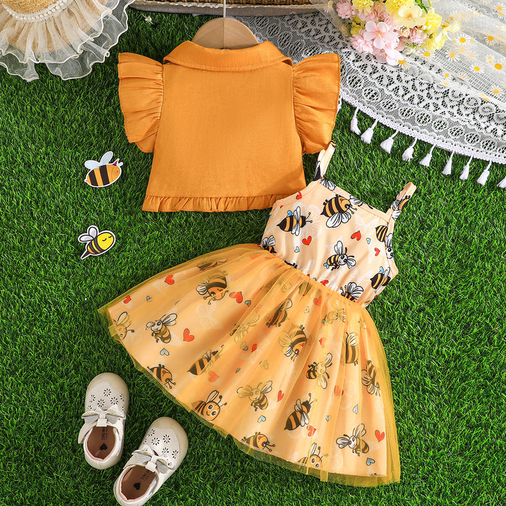 Girls Bee Printed Shoulder Straps Sleeveless Top With Skirt