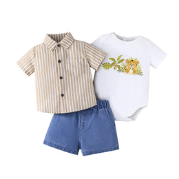 Boys Striped Short Sleeves Shirt With Shorts & Bodysuit