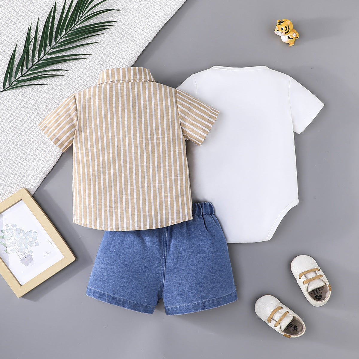 Boys Striped Short Sleeves Shirt With Shorts & Bodysuit