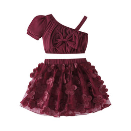 Girls Solid Top and Skirt Set