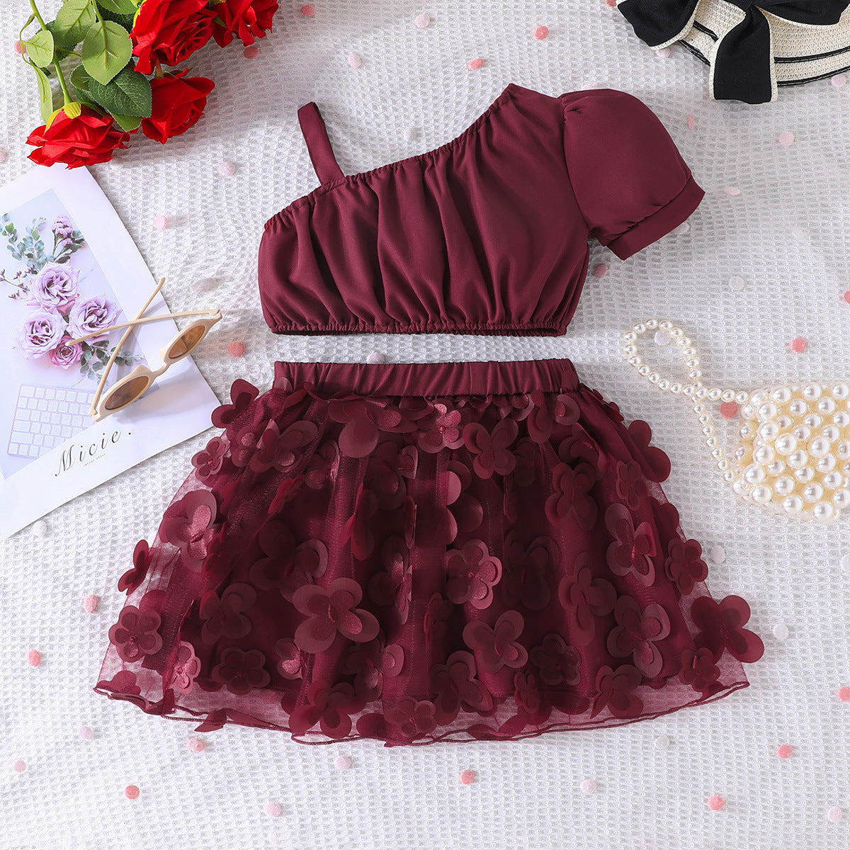 Girls Solid Top and Skirt Set