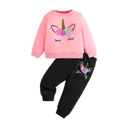Girls Pink & Black Printed T-Shirt With Trousers
