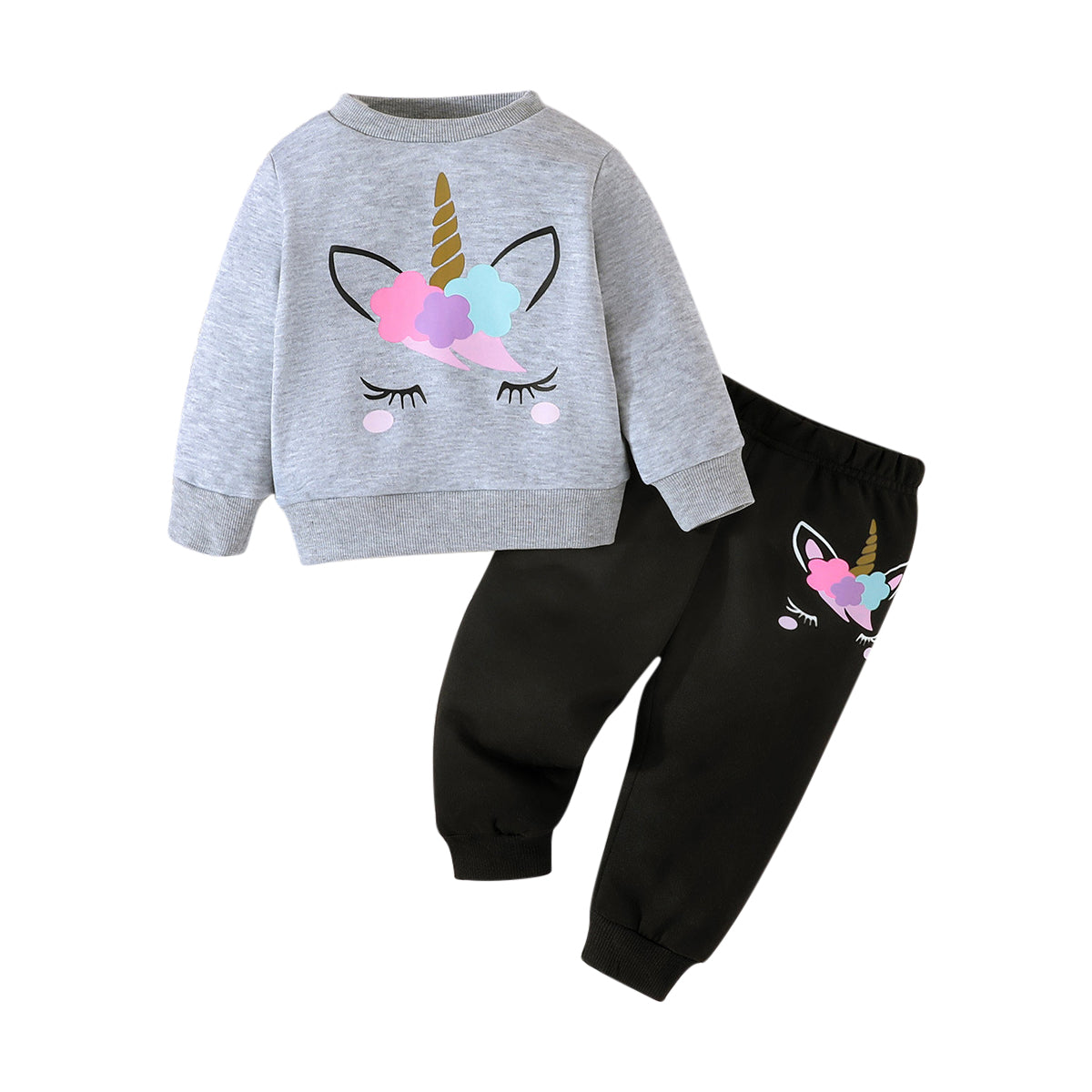 Girls Grey & Black Printed Top With Trouser