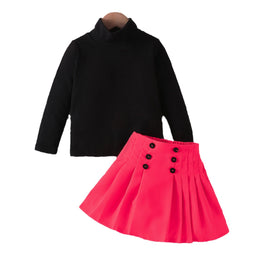 Girls Fuchsia & Black Ribbed High Neck Top with Skirt