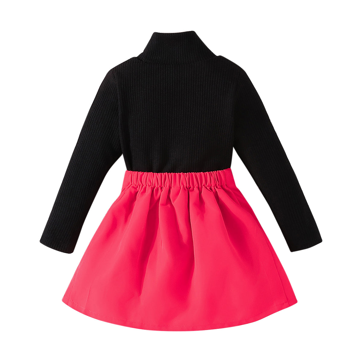 Girls Fuchsia & Black Ribbed High Neck Top with Skirt