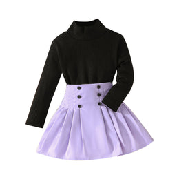 Girls Purple & Black Ribbed High Neck Top with Skirt