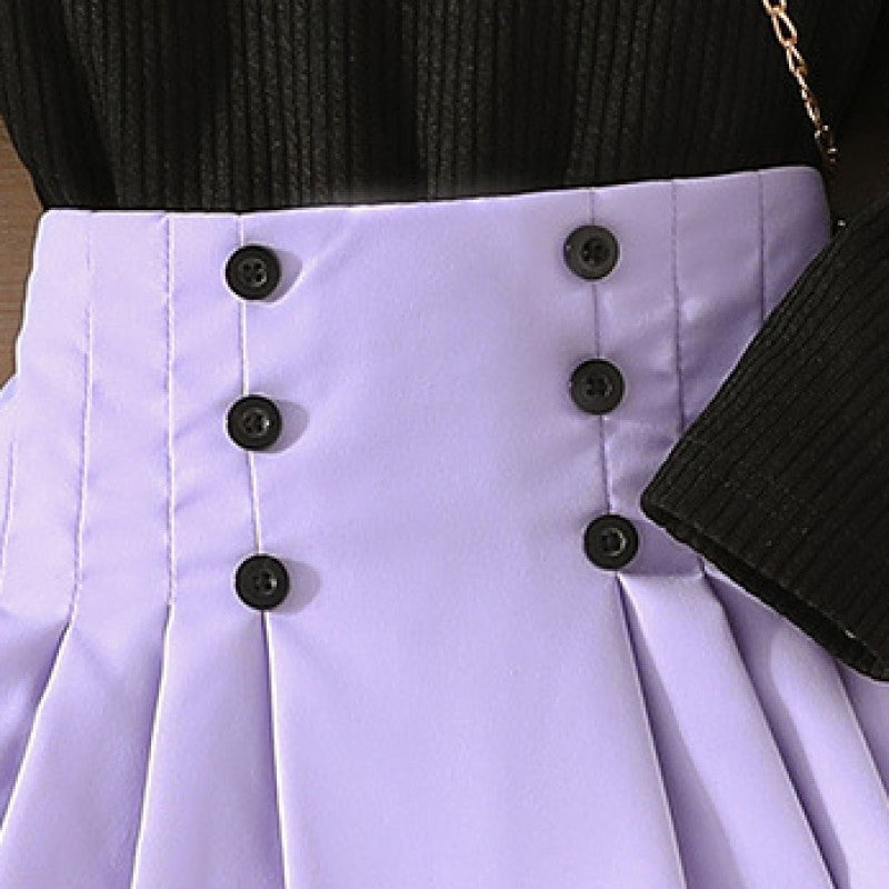 Girls Purple & Black Ribbed High Neck Top with Skirt