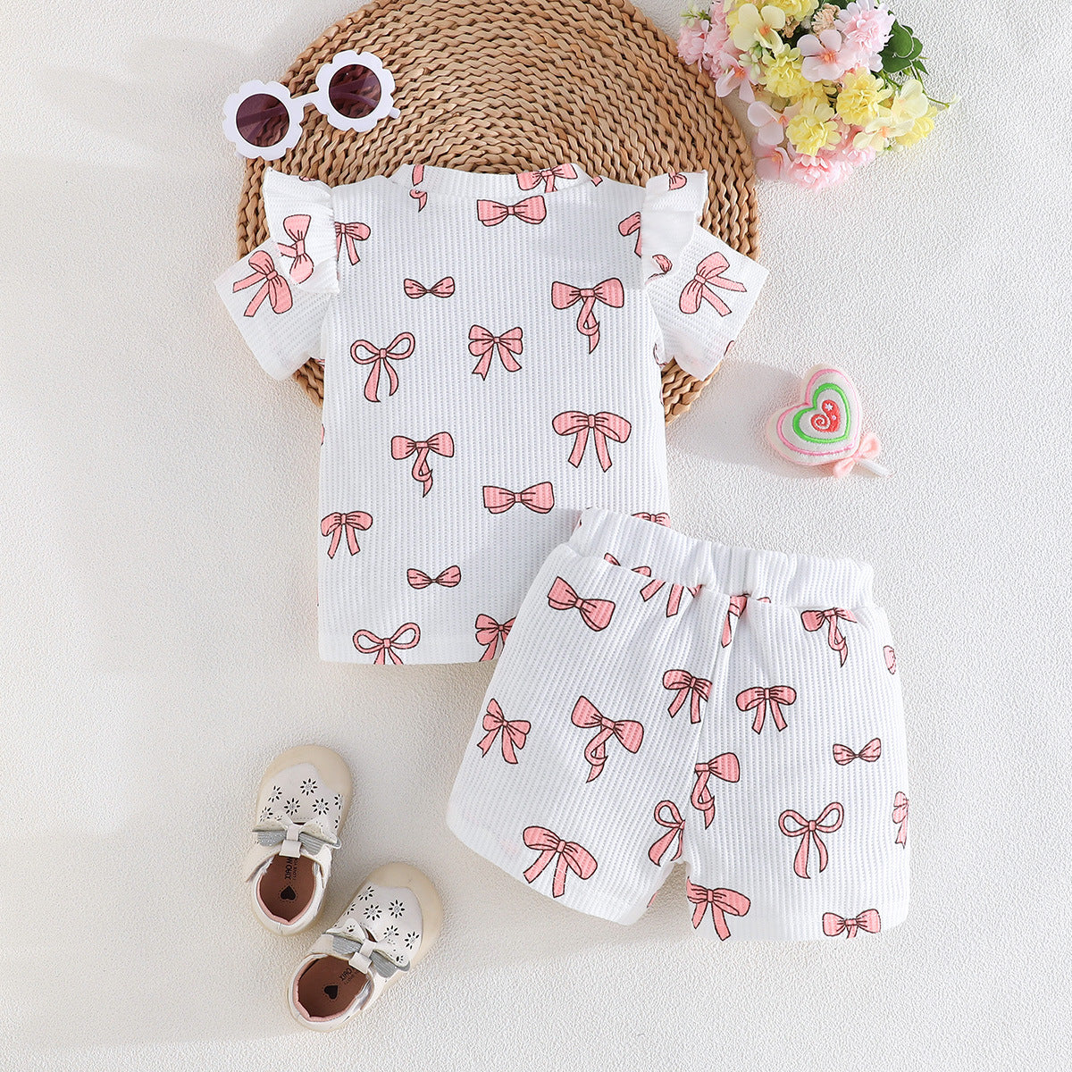 Girls Printed Round Neck Short Sleeves T-shirt With Shorts