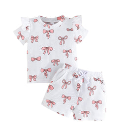 Girls Bow Printed Round Neck T-shirt With Shorts