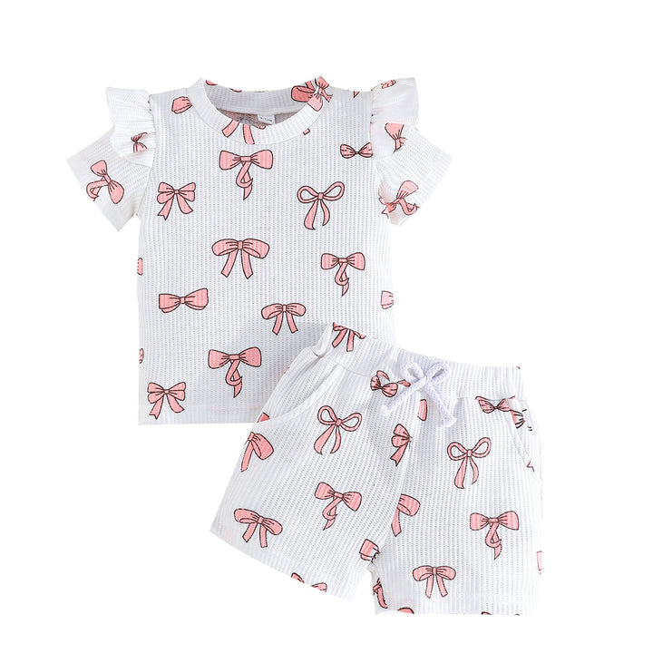 Girls Bow Printed Round Neck T-shirt With Shorts