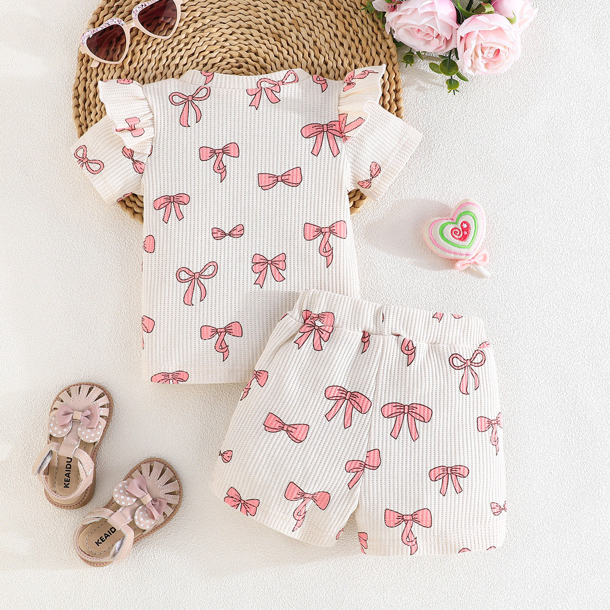 Girls Bow Printed Round Neck T-shirt With Shorts