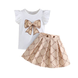 Girls Graphic Printed Round Neck Top With Skirt