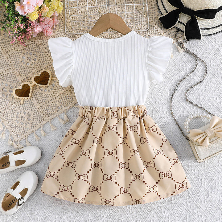Girls Graphic Printed Round Neck Top With Skirt