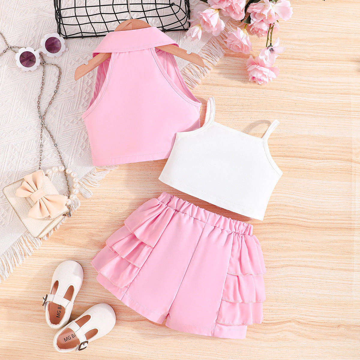 Girls Solid Clothing Set With Waistcoat