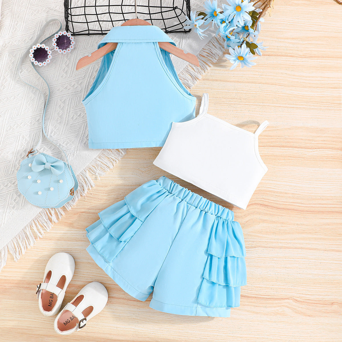 Girls Solid Sleeveless Clothing Set
