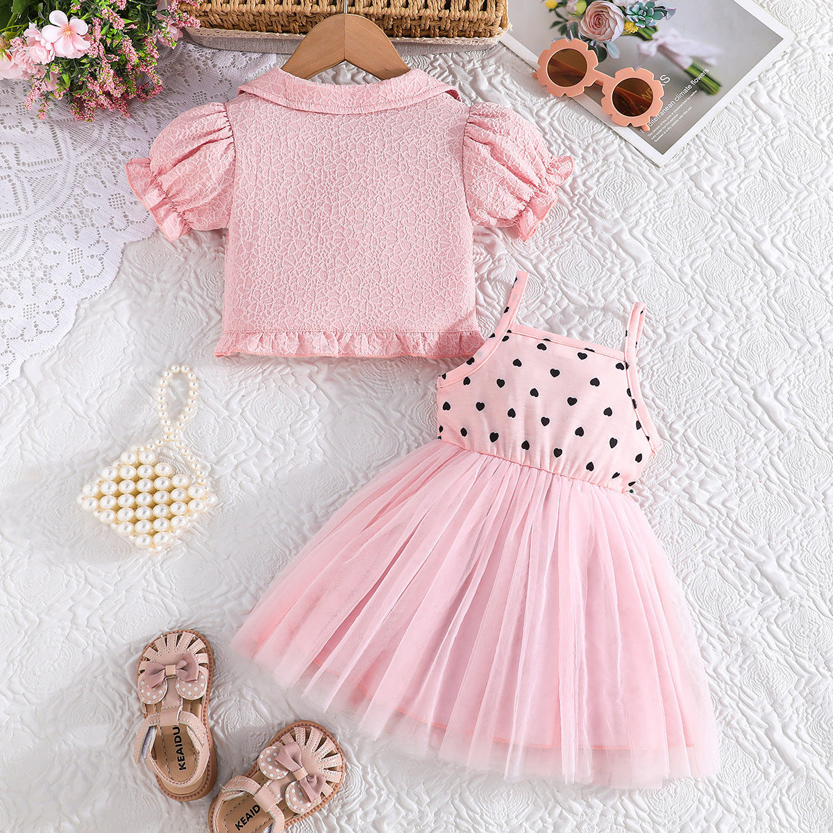 Girls Printed Shoulder Straps Fit & Flare Dress With Jacket