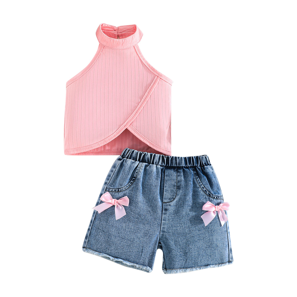 Girls Striped High Neck Top with Shorts