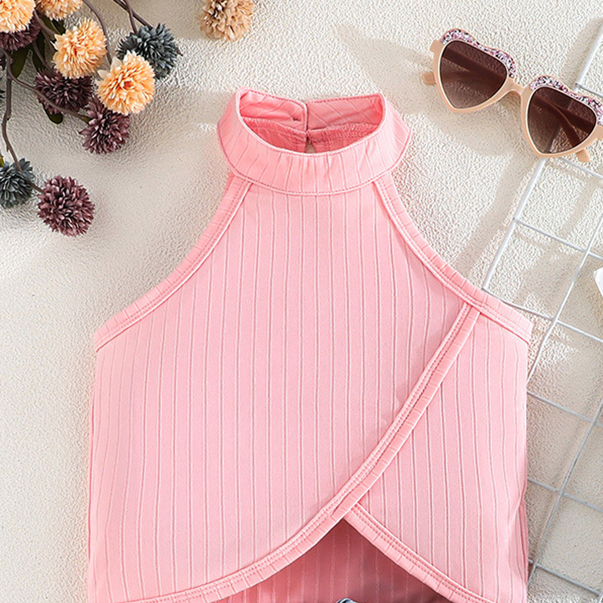 Girls Striped High Neck Top with Shorts