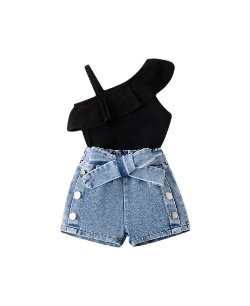 Girls One Shoulder Straps Top With Shorts
