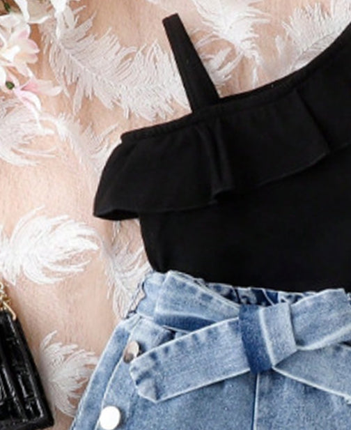 Girls One Shoulder Straps Top With Shorts
