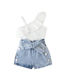 Girls One Shoulder Top With Denim Shorts