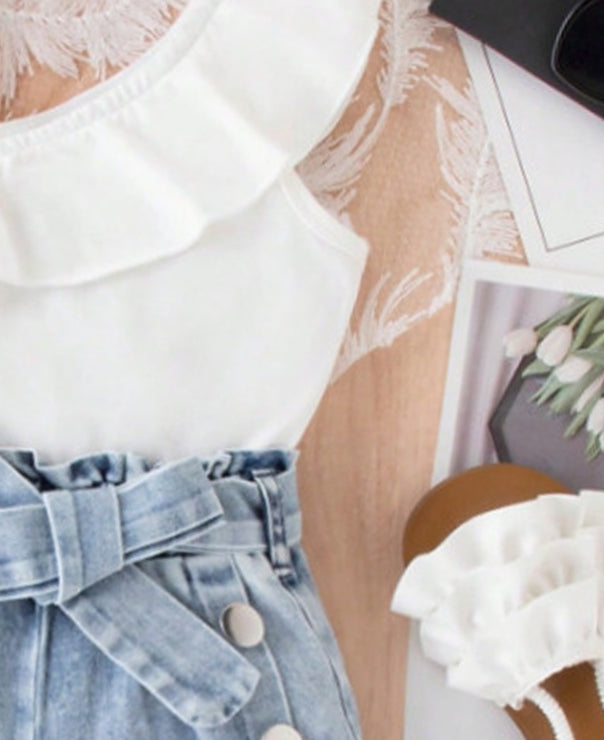 Girls One Shoulder Top With Denim Shorts