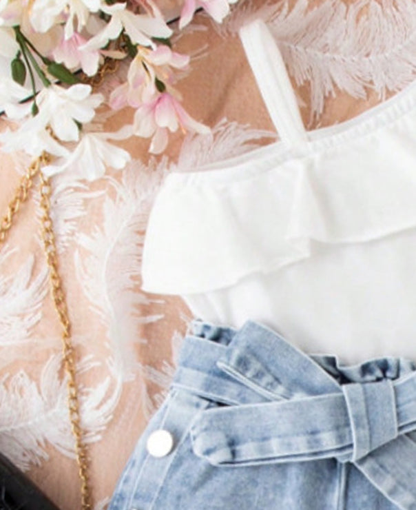 Girls One Shoulder Top With Denim Shorts