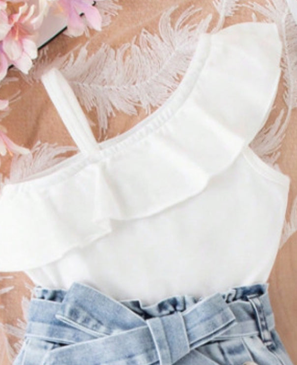 Girls One Shoulder Top With Denim Shorts