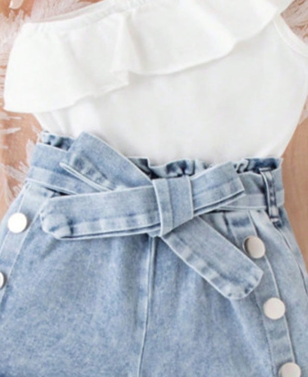 Girls One Shoulder Top With Denim Shorts