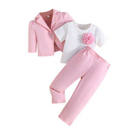 Girls Flower Embellished T-shirt With Trousers & Coat