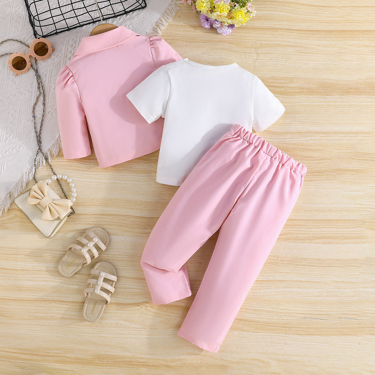 Girls Flower Embellished T-shirt With Trousers & Coat