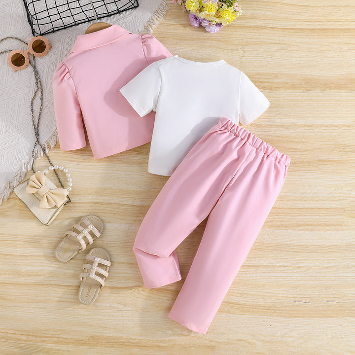 Girls Flower Embellished T-shirt With Trousers & Coat
