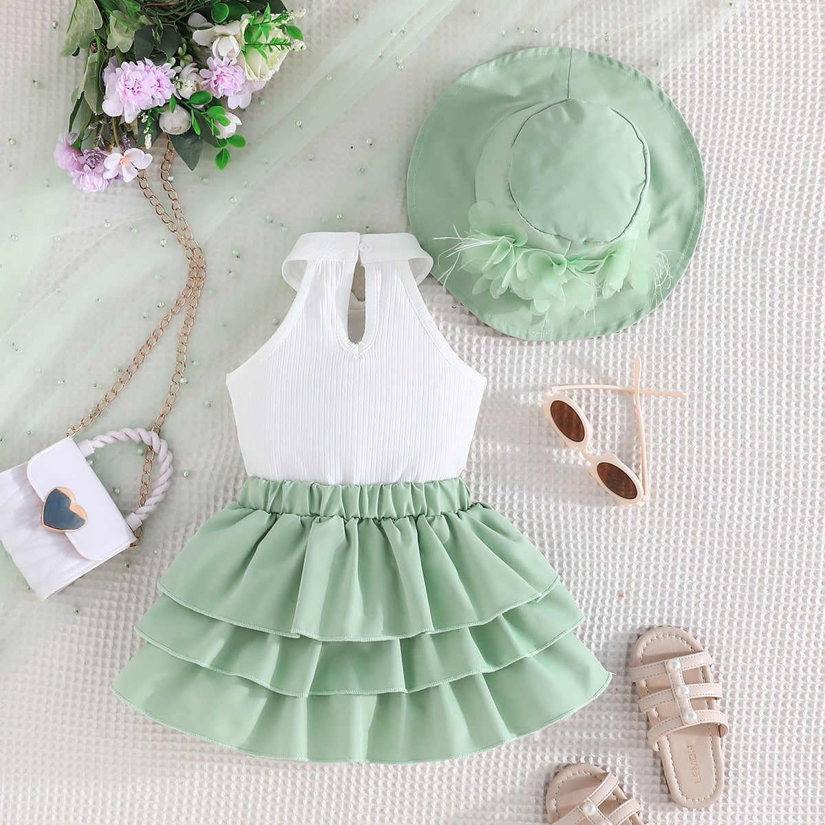 Girls Embellished Sleeveless Top With Skirt
