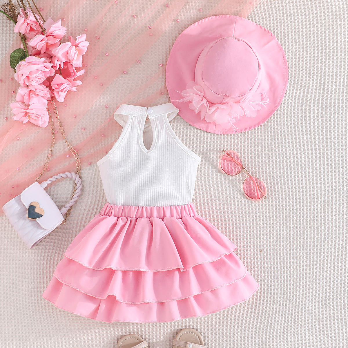 Girls Embellished Sleeveless Top With Skirt
