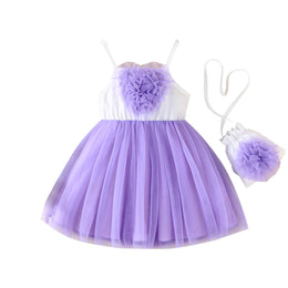 Girls Applique Shoulder Straps Net Fit and Flare Midi Dress