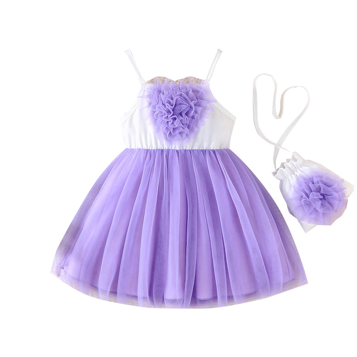 Girls Applique Shoulder Straps Net Fit and Flare Midi Dress