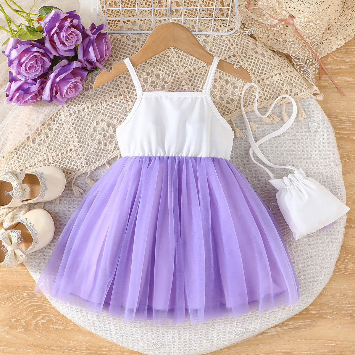 Girls Applique Shoulder Straps Net Fit and Flare Midi Dress