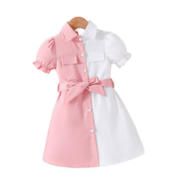Girls Colourblocked Puff Sleeves Shirt Dress