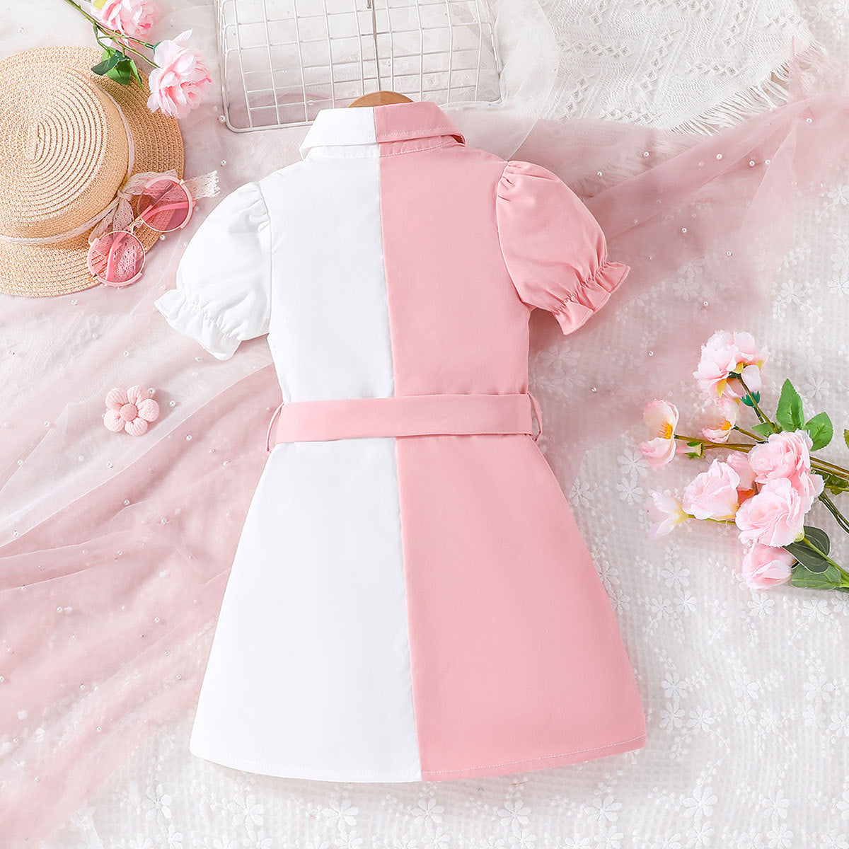 Girls Colourblocked Puff Sleeves Shirt Dress