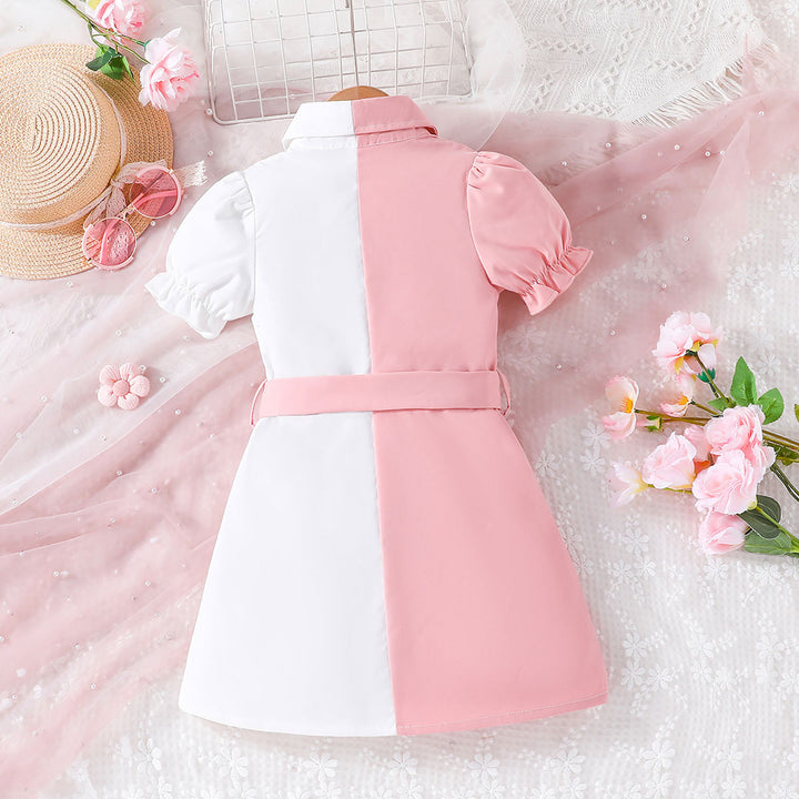 Girls Colourblocked Puff Sleeves Shirt Dress