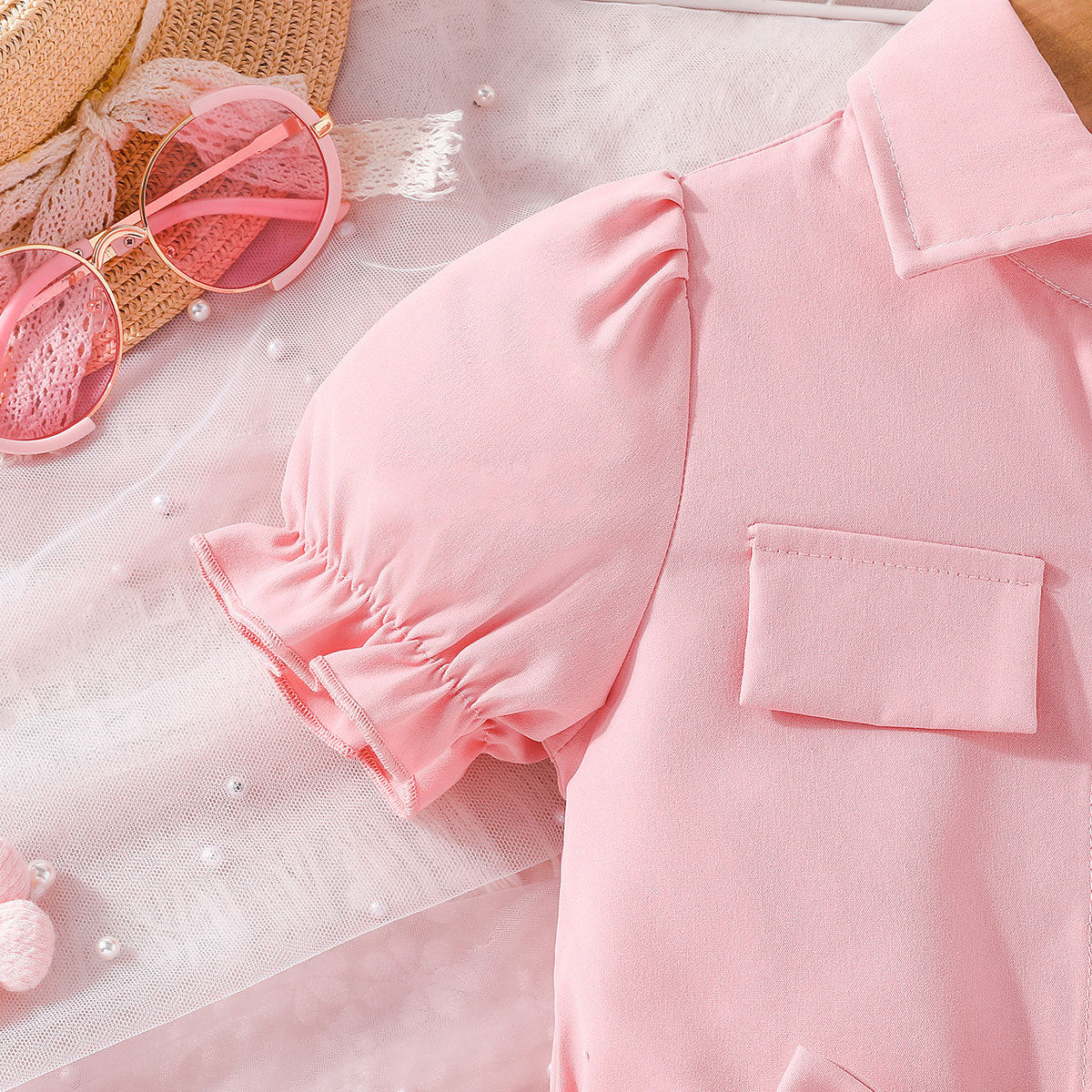 Girls Colourblocked Puff Sleeves Shirt Dress