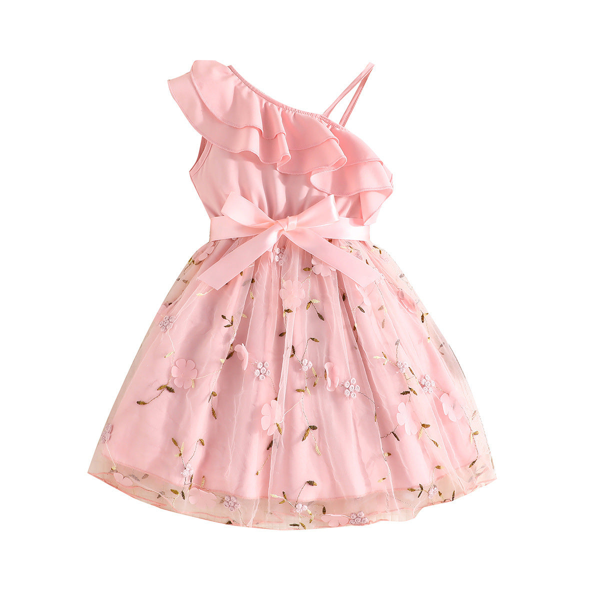 Girls Embellished Shoulder Straps Net Knee Length Fit & Flare Dress
