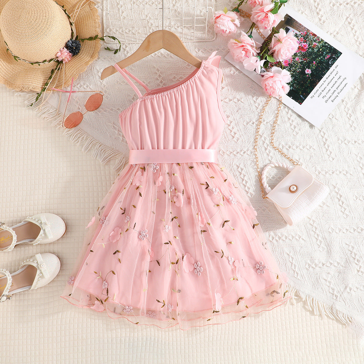 Girls Embellished Shoulder Straps Net Knee Length Fit & Flare Dress