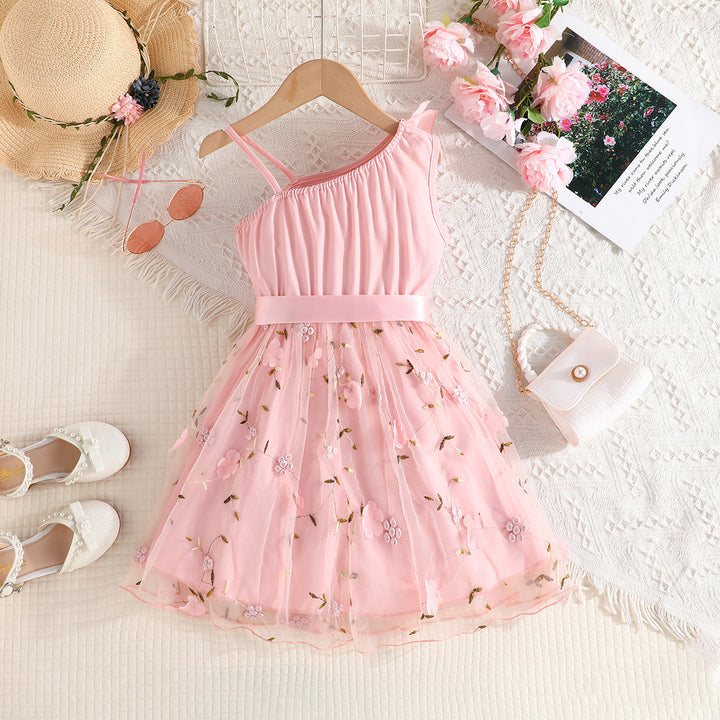 Girls Embellished Shoulder Straps Net Knee Length Fit & Flare Dress